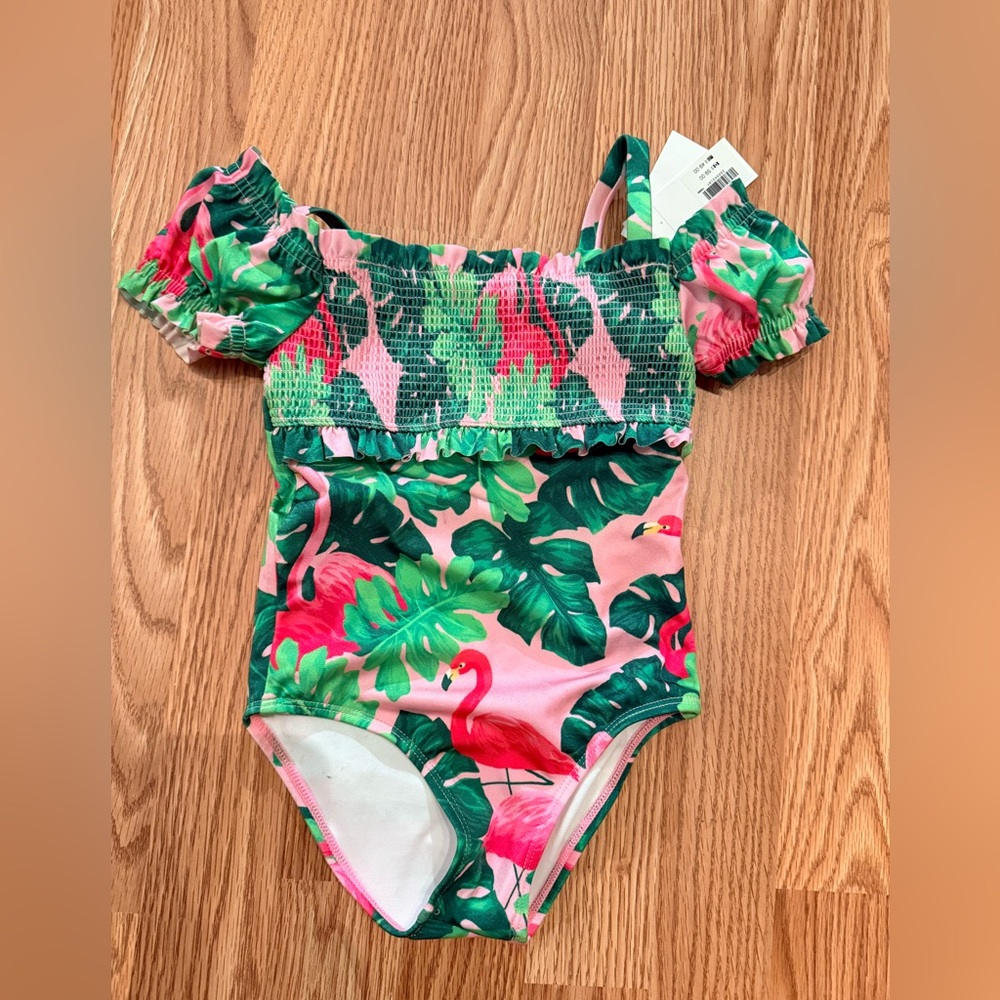 Janie and Jack Pink and Green Tropical Flamingo Swimsuit